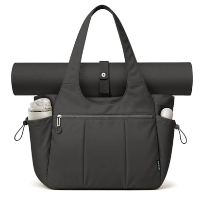 TOPEAST Foldable Tote Bag for Women with Yoga Mat Holder,Travel Tote Bag with Water Bottle Pocket,Lightweight Workout Gym Bag - color: Black