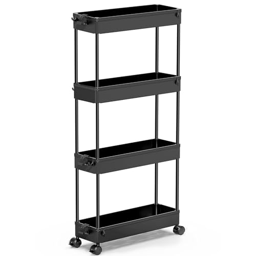 SPACEKEEPER Slim Rolling Storage Cart, 4 Tier Bathroom Cart Organizer,Black | Narrow Rolling Cart with Wheels for Kitchen Office Bathroom Laundry Room,Mobile Utility Cart for Craft Art Makeup Nail Polish - color: Black
