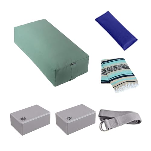 6 Piece Restorative Yoga Kit | Includes 1 Yoga Bolster (24"x12"x6"), 2 Blocks (4"x6"x 9"), 1 6ft D-Ring Strap, 1 Mexican Blanket, 1 Unscented Eye Pillow - color: Sage- Option 2
