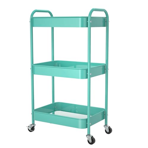 3-Tier Rolling Cart, Metal Utility Storage Carts with Wheels,Blue | Multi-Functional Organizer Easy Assembly Snack Cart - color: Blue