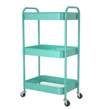3-Tier Rolling Cart, Metal Utility Storage Carts with Wheels,Blue | Multi-Functional Organizer Easy Assembly Snack Cart - color: Blue