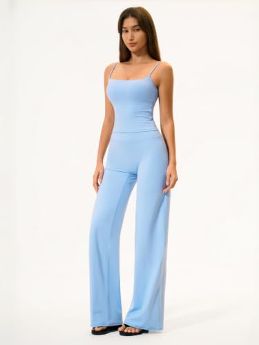 Womens Two Piece Workout Sets Spaghetti Straps Crop Top Matching Straight Leg Pants Gym Yoga Pilates Outfits - color: Blue, size: Small