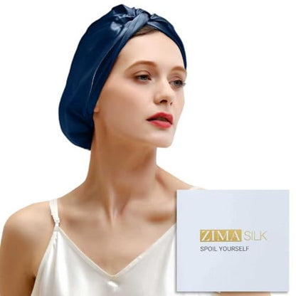ZIMASILK 22 Momme 100% Mulberry Silk Bonnet for Sleeping Women, Navy - color: Navy