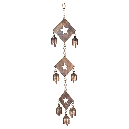 Rustic Metal Wind Chime – Triple Diamond Star Cutouts with Bells – Bronze Outdoor Garden Decor – Wind Chimes for Outside, Porch, Yard, Balcony, Memorial or Garden Gift 19 x 4.5 Inch - color: Star Cutout