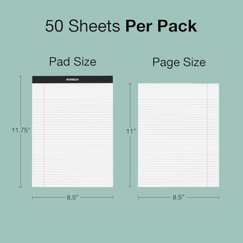 POPRUN Legal Pads, 8.5" x 11.75", 3 Pack, 50ct, 100 GSM, 11/32" Wide Ruled | Writing Notepads, White Thick Notebook Paper with Cardback, 28 Lined Each, Office, Home, Meeting Notes, School - size: Wide Ruled