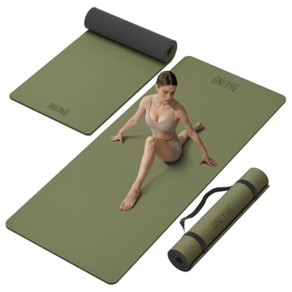 Wide Yoga Mat Thick(10mm) Exercise Mat Non Slip Anti-tear,72"x35" Extra Large Pilates Mats for Home Workouts, Gym & Floor Stretching with Carrier Strap - color: Dark green + Black