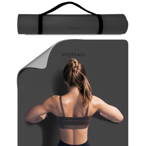8mm Extra Wide 80cm Yoga Mat Non Slip | Spacious 80cm x 72" mat for tall users, gym, pilates. POE, reversible dual-color, non-slip, tear-proof, odorless, strap. - color: Black+Gray