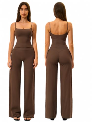 Womens Two Piece Workout Sets Spaghetti Straps Crop Top Matching Straight Leg Pants Gym Yoga Pilates Outfits - color: Brown, size: Medium