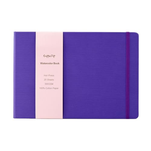 CuppaClip Watercolor Paper Cotton Hot-Pressed with Inner Pocket Watercolor Sketchbook Journal As Travel Notebook 300 GSM 140 LB (Purple, 11.81x8.26in) - color: Purple, size: 11.7×8.3in