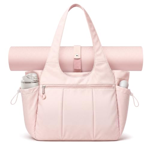 TOPEAST Foldable Tote Bag for Women with Yoga Mat Holder,Travel Tote Bag with Water Bottle Pocket,Lightweight Workout Gym Bag - color: Pink