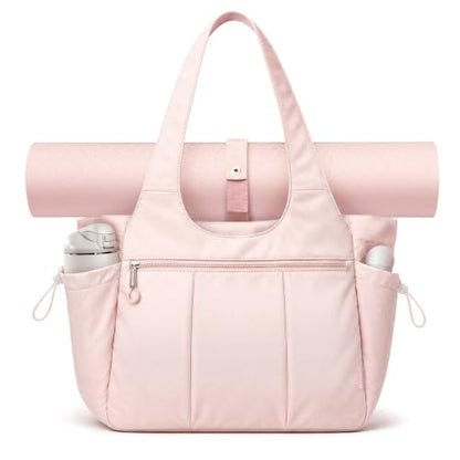 TOPEAST Foldable Tote Bag for Women with Yoga Mat Holder,Travel Tote Bag with Water Bottle Pocket,Lightweight Workout Gym Bag - color: Pink