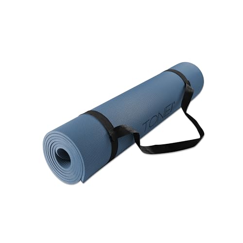 TONE Fitness Yoga Mat 1/4" Thick Non Slip Exercise & Pilates Mat for Home Workouts with Carrying Strap | Multiple Options - color: Blue, style: Pyramid Pattern