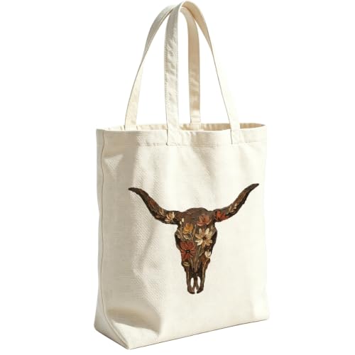 VICBOU Western Cow Skull Canvas Tote Bag for Women Girls, Cowgirl Shoulder Bag with Pocket for Beach Shopping Work - color: Bullskull02