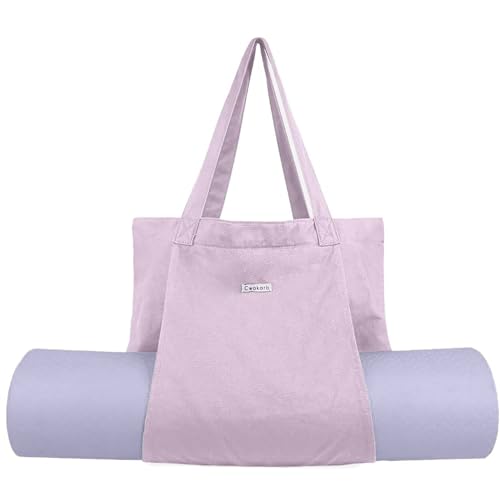 Yoga Mat Bag for Women, Pure Cotton Canvas Yoga Tote with Wet/Dry Pocket, Bottle Holder & Inner Zipper Pocket, Yoga Mat Carrier Bag for Pilates, Gym, Travel, Beach - color: Lilac
