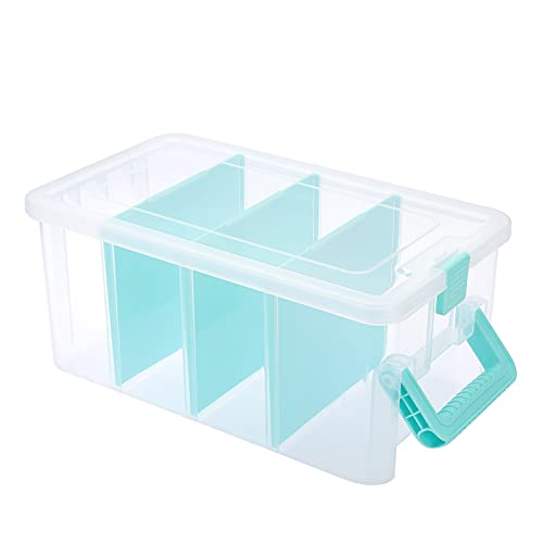 BTSKY Clear Plastic Dividing Storage Box with 4 Deep Compartment Sewing Box | 13.9x7.9x6.2 Inches Adjustable Storage Bin with Lid Portable Craft Storage Container Multipurpose Art Supply Organizer Blue - size: 13.9x7.9x6.2 Inches-Clear
