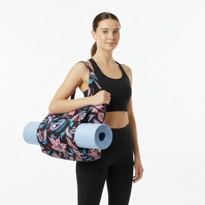 Floral Paisley Pattern Yoga Bag, Canvas Tote with Blue and Pink Design, Spacious Carrier for Yoga Mat and Accessories - color: Black