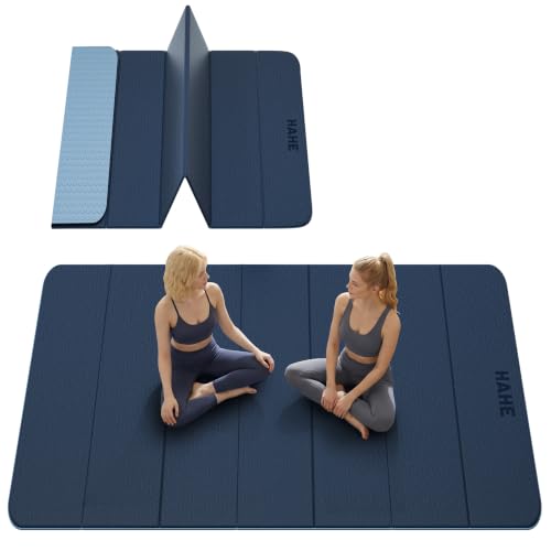 HAHE Extra Wide Folding Exercise Mat 75"x40"x0.4" TPE Fitness Mat - color: Navy Blue & Mist Blue