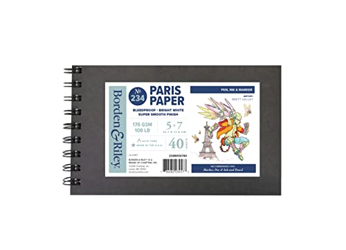 Borden & Riley 5" x 7" #234 Paris Paper for Pens Hardcover Sketch Book, Side Spiral, 108 lb., 40 Micro-Perfed White Sheets, 1 Book Each