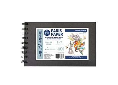 Borden & Riley 5" x 7" #234 Paris Paper for Pens Hardcover Sketch Book, Side Spiral, 108 lb., 40 Micro-Perfed White Sheets, 1 Book Each