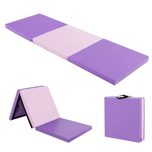 Giantex 6'x 2' Gymnastics Mat, 2" Thick Folding Tumbling Mat with Hook and Loop Fastener, Foldable Gym Mat with Carrying Handles, Cheer Mats for Kids Adults Home Exercise Aerobics Fitness - color: Purple/Pink