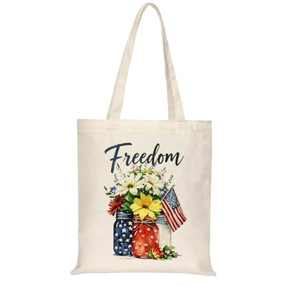Canvas Tote Bag with Zipper for Women, Halloween Trick or Treat Bags Bulk | 13.8" x 15.3" Fashionable Two-Tone Cotton Tote Bag for Crafts, DIY Your Creative Designs - color: [A0] Freedom - Beige