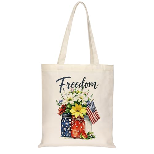 Canvas Tote Bag with Zipper for Women, Halloween Trick or Treat Bags Bulk | 13.8" x 15.3" Fashionable Two-Tone Cotton Tote Bag for Crafts, DIY Your Creative Designs - color: [A0] Freedom - Beige