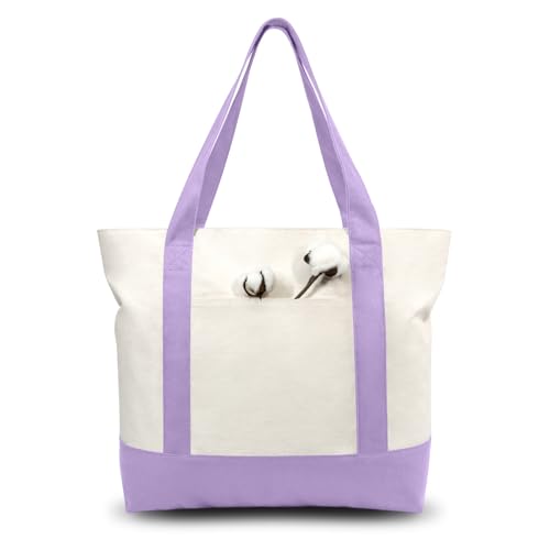 TOPDesign 1-Pack Canvas Tote Bag with an External Pocket, Reusable Grocery Shopping Bag, Top Zipper Closure, Daily Essentials (Lavender/Natural) - color: Lavender/Natural