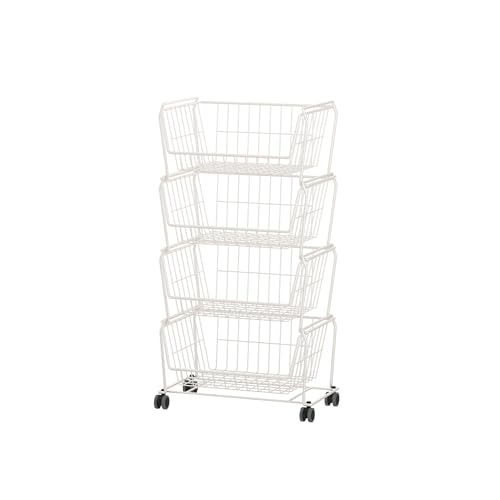 PUSDON 4-Tier Spacious Stackable Wire Storage Baskets with Wheels, Metal Rolling Utility Cart, Produce Basket for Pantry, Bathroom Organizer Shelf, Classic White - color: White, size: 4 Tier Standard