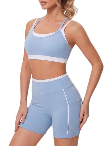 Double Layer Workout Sets for Women Cute Matching Gym Yoga Pilates Outfit | 2 Piece Trendy Active Athleisure Set, Spaghetti Straps Double Layered Sports Bra High Waisted Athletic Short for Yoga Pilates - color: Blue, size: X-Small
