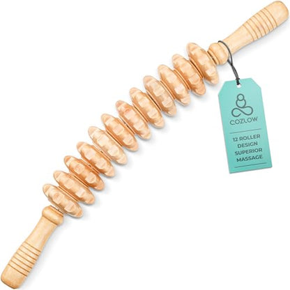 COZLOW Wooden Massage Roller Stick (12 Rollers) - Curved Wood Therapy Massage Tool for Body Sculpting, Fascia Release & Lymphatic Drainage - Maderotherapy Helps Reduce Cellulite Appearance