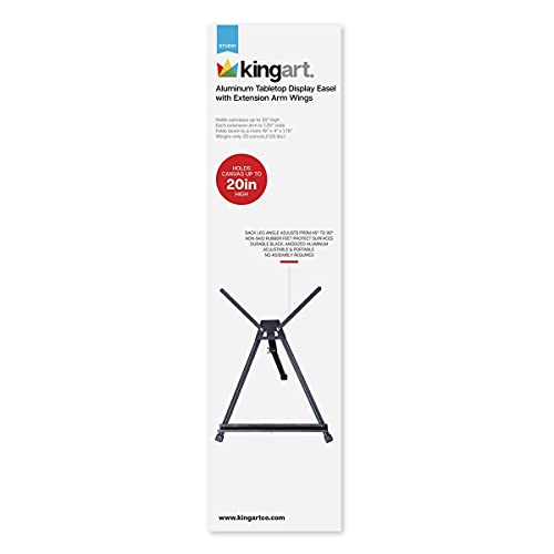 KINGART Adjustable Black Aluminum Table Top Display Easel with Extension Arm Wings -15" to 21" High - Portable Artist Tripod Folding Frame Stand - Holds Canvas, Paintings, Books, Photos, Signs