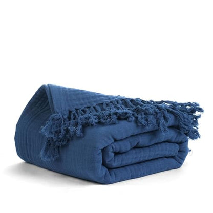 100% Cotton Gauze 50"X60" Throw Tassel 4 Layered Blanket- Navy Blue | Premium Muslin Blanket for Couch,Bed,Living,Summer Lightweight, All Seasons Blankets & Throws, Boho,Travel & Skin Friendly - color: Navy Blue, size: 50"X60" Throw