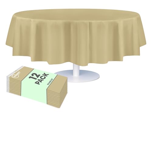 Grandipity Plastic Table Cloth Disposable 12 Pack 84" Round Beige | Plastic table covers, durable disposable tablecloths, fade and tear-resistent table cover for party, event - color: Beige, size: 84in. Round