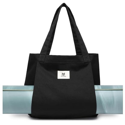 Moyaqi Canvas Tote Bag with Yoga Mat Carrier Pocket Carryall Shoulder Bag for Office, Workout, Pilates, Travel, Beach and Gym - color: Black