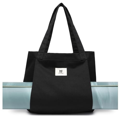 Moyaqi Canvas Tote Bag with Yoga Mat Carrier Pocket Carryall Shoulder Bag for Office, Workout, Pilates, Travel, Beach and Gym - color: Black