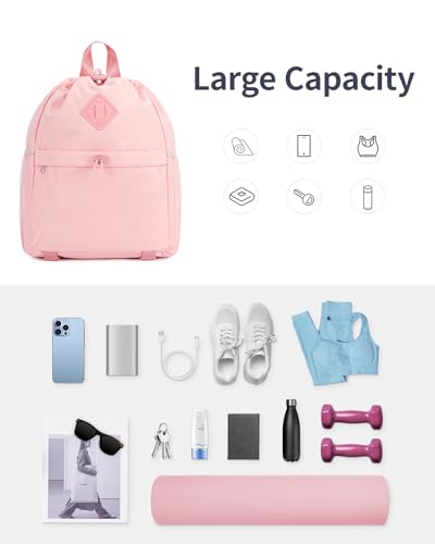 WANDF Drawstring Backpack for Women, Lightweight Gym Bag with Yoga Mat Strap, Water-Resistant String Backpack with Mesh Pocket (Pink, Patent Pending) - color: Pink