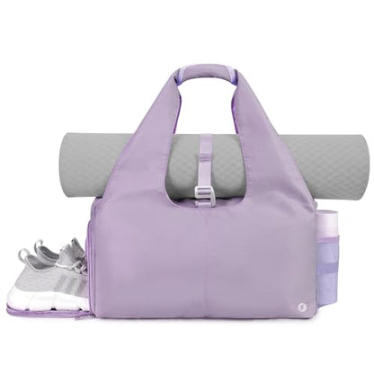Sportsnew Tote Yoga Mat Gym Bag 20L Women W/Shoe Compartment Wet Dry Pocket | Water-Resistant Gym Tote - Mat Strap, Ventilated Shoe Bin, Wet Pocket, Padded Handle, Multi Pockets, Side Mesh & Key Clip - color: Purple