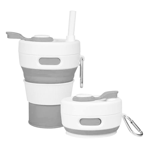 Silicone Collapsible Travel Mug Gray 15oz / 450ml - Leak-Proof Reusable Silicone Water Bottle for Hot and Cold Beverages - Travel Office and Home - Dishwasher Safe - Straw Included - color: Gray