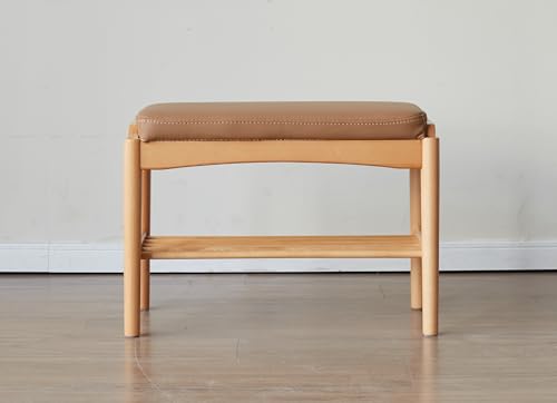 Oak Wood Shoe Bench, 24 Inch Entryway Bench with Brown Leather Cushion - color: Natural + Brown Leather Cushion, size: 23.62"