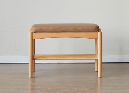 Oak Wood Shoe Bench, 24 Inch Entryway Bench with Brown Leather Cushion - color: Natural + Brown Leather Cushion, size: 23.62"