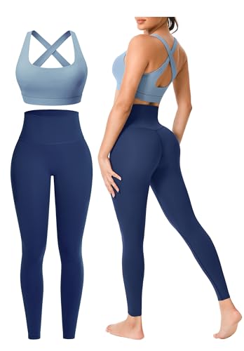 Workout Sets for Women 2 Pieces Seamless Yoga Legging Removable Bra Padding - color: Blue / Navy Blue, size: X-Large