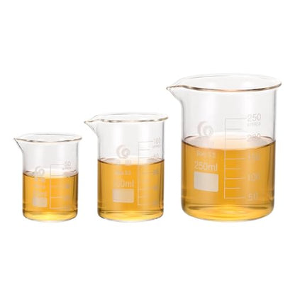PATIKIL 50/100/250ml Low Form Glass Beaker, 3Pcs 3.3 Borosilicate Glass Beakers Graduated Measuring Cup with Spout for Lab Experiment, Cooking and Baking, Clear - size: 50/100/250ml