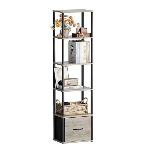 6-Tier Bookshelf with Drawer, Narrow Bookshelves Organizer, Floor Standing Ladder Shelf,Tall Bookcase for Small Space, Book shelf with Storage for Living Room, Bedroom, Office, Study Light Oak HBC505Z - color: Light Oak