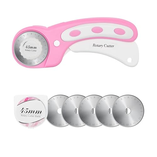 45mm Rotary Cutter with 5pcs Extra Blades, Ergonomic Handle Rolling Cutter with Safety Lock for Fabric, Leather, Crafting, Sewing, Quilting, Fabric Rotary Cutter Perfect for Left & Right Hand(Pink) - color: Pink, size: 45mm
