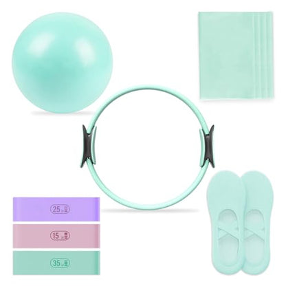 Pilates Essential Kit - Home Pilates Equipment Set - with Toning Pilates Ring & Long Resistance Bands & 3 Level Pilates Loop Bands & Soft Pilates Ball & Pilates Grip Socks - color: Green
