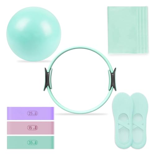Pilates Essential Kit - Home Pilates Equipment Set - with Toning Pilates Ring & Long Resistance Bands & 3 Level Pilates Loop Bands & Soft Pilates Ball & Pilates Grip Socks - color: Green