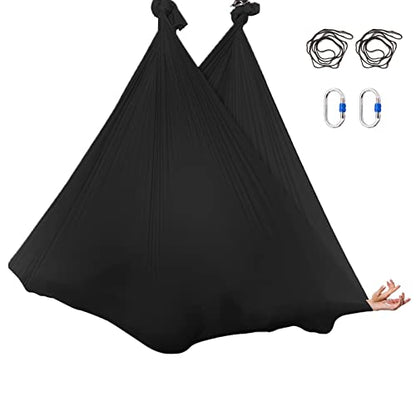 5.5 Yards Aerial Silks Yoga Swing Set - Aerial Yoga Hammock Kit Anti-Gravity Flying for Fitness, Low/Non Stretch Nylon Tricot Fabric Hardware Included for Dance - color: BLACK