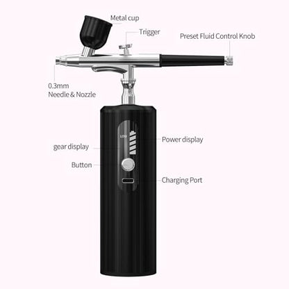 AirBrush Kit with Compressor dual-action airbrush Rechargeable Handheld Air brush for nails，Painting ，Makeup，Barber，Cake，Mode (Black)