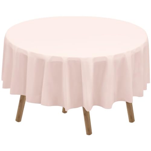 Blush Pink Plastic Tablecloths 2 Pack Light Peach Disposable Table Covers 84 Inch Circle Bridal Shower Party Tablecovers PEVA Table Cloths for Picnic Birthday Wedding Parties 6 ft Round Table Use - color: F00 Blush Pink