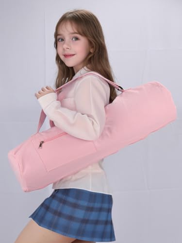 Cotton yoga mat bag with Pockets and Adjustable Strap - Full Zip Cargo Yoga Mat Carrier Bag - Bag for 1/4" 1/3" Thick Yoga Mat - color: Pink, size: L